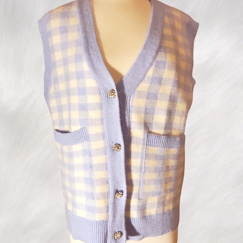 Large Comfy Sweater Vest With Large Pockets and Crystal Floret Buttons